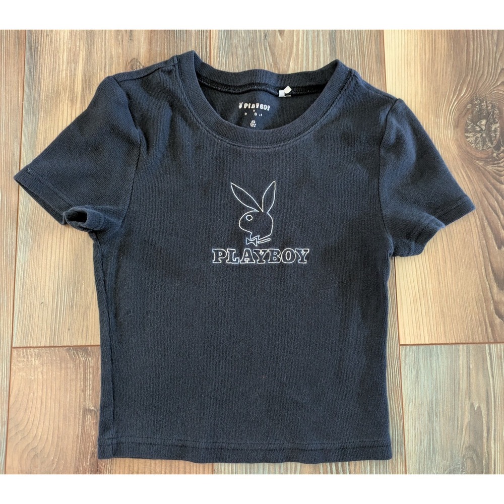 Playboy Bunny Black & White Embroidered Short Sleeve Cropped Baby Tee XS